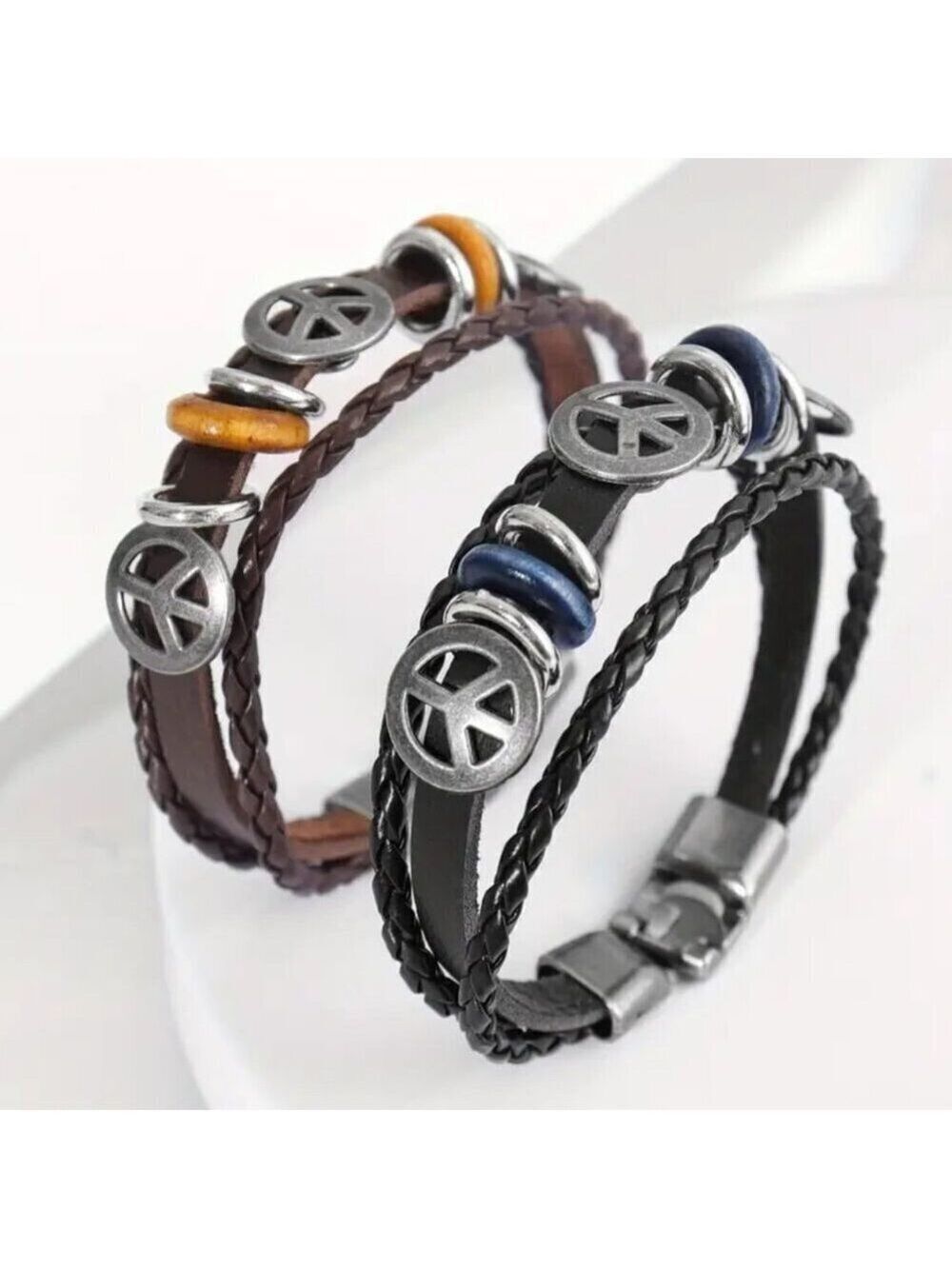 Boho Faux Leather Peace Sign Bracelet - Brown or Black #1539